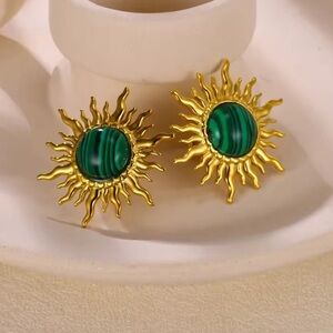Malachite Sunburst 18K Gold Stainless Steel Earrings